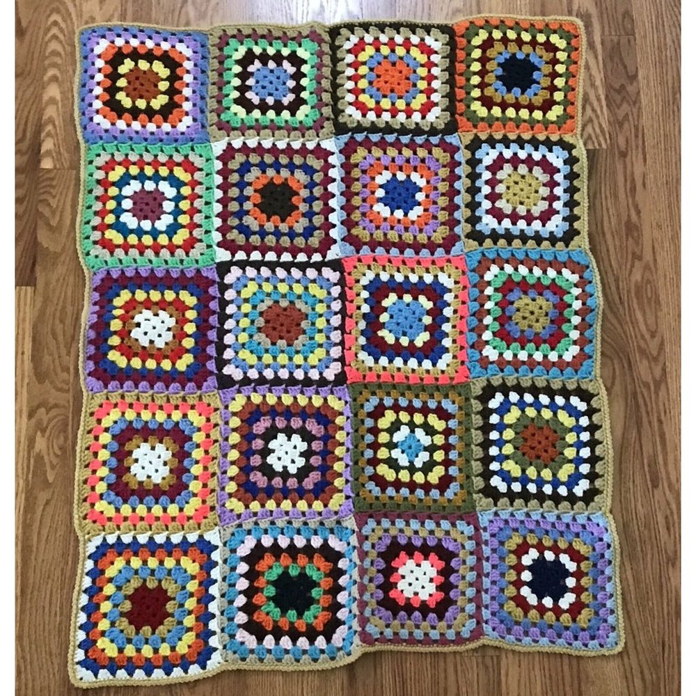 VINTAGE Afghan Crochet Granny Square‎ Blanket Handmade Throw Quilt